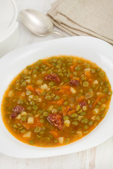 soup with peas and sausages in white plate