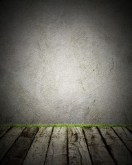 Wood and wall with grass # trash backgroud