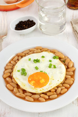 fried egg with beans on the plate and glass of water