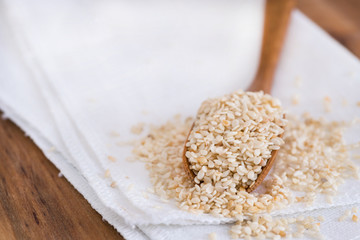 Roasted sesame seeds on a wooden spoon