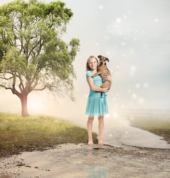 Girl Holding her Puppy at a Magical Brook