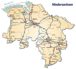 Landkarte von Niedersachsen mit Verkehrsnetz