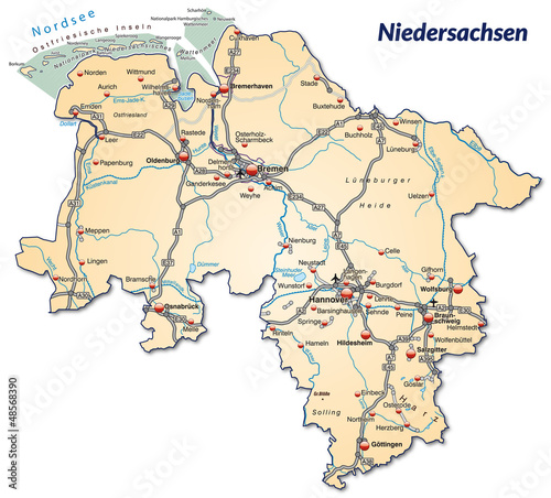"Landkarte von Niedersachsen mit Verkehrsnetz" Stockfotos und "Landkarte von Niedersachsen mit Verkehrsnetz" Stockfotos und