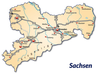 Obraz premium Landkarte von Sachsen mit Verkehrsnetz