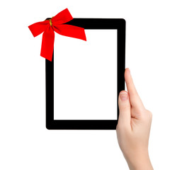 female hand holding a tablet with isolated screen and a red gift