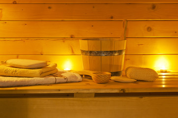 interior of sauna and sauna accessories