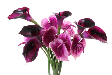 bouquet of artificial calla, anthurium on a white background