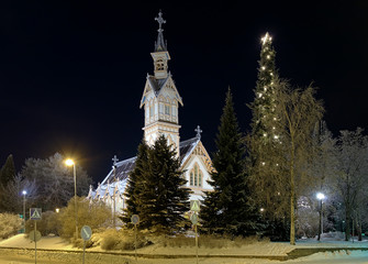 Fototapeta premium Kajaani Church in winter night, Finland