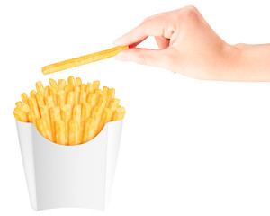 French fries in packaging with hand holding one above
