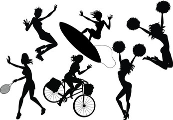 Silhouettes of women playing sports