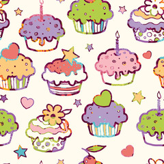 Vector colorful party muffins seamless pattern background with