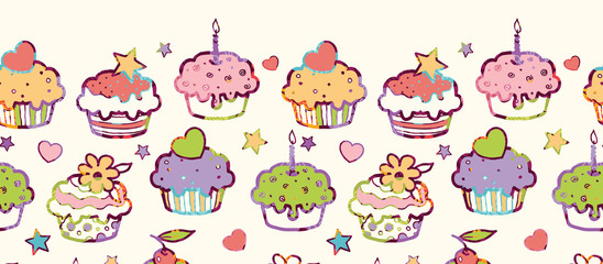 Vector colorful party muffins horizontal seamless pattern
