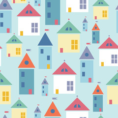 Vector town houses seamless pattern background with hand drawn