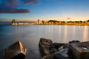 Fototapeta premium Coastline of Barcelona at sunset, Spain
