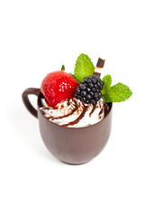 Hand made chocolate coffee cup filled whith mousse cream