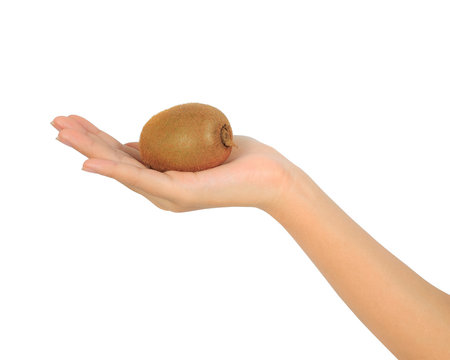 Isolated woman hand holds a piece of giwi