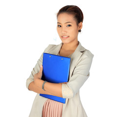 Young business Woman holds a blue folder.