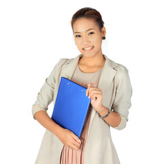 Obraz premium Young business Woman holds a blue folder.