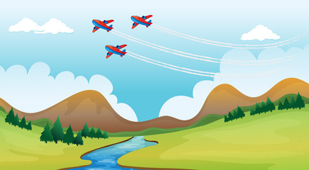 Obraz premium Flying airplains and a beautiful landscape