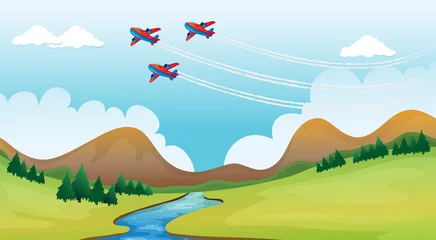 Abwaschbare Fototapete Flugzeuge, Ballon Fliegende Flugzeuge und eine wunderschöne Landschaft