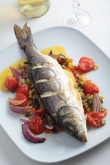 Baked sea bass with vegetables