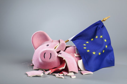 Robbed piggy bank an EU flag