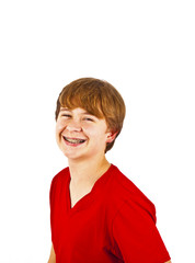 posing cute happy smiling boy with red shirt