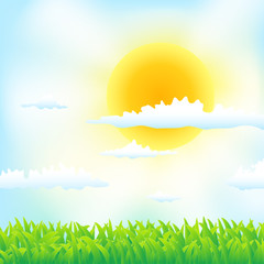 spring background with grass, sun and clouds