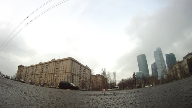 Flow of cars goes on Kutuzovsky prospectus in front of business