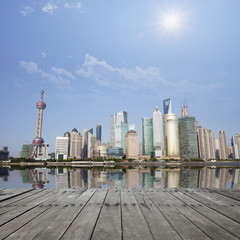 landscape of shanghai with wooden floor