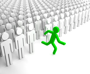 Red Human Figure Running from the Crowd of Gray Indifferent Huma