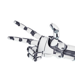 Isolated robotic arm showing victory on white background