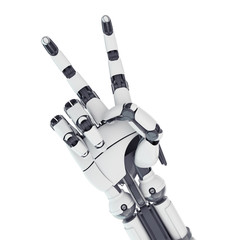 Isolated robotic arm showing victory on white background