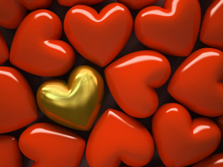 Obraz na płótnie Canvas Czerwone serca i jeden złoty, serce samodzielnie na tle