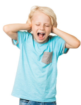 Young boy screams and covers ears