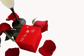 Red gift box For you, red rose and glass of wine
