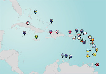 Pinned countries flags on map of Caribbean
