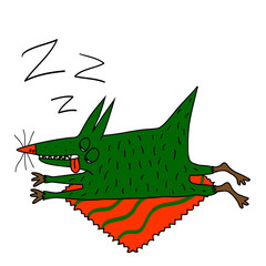 strange green dog sleeps on the orange carpet