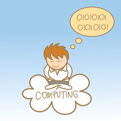 cartoon character of man sit on cloud computing