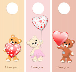 three valentine banners with teddy bears and glossy hearts