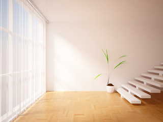 empty interior with curtains, stairs and flower