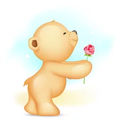 Fototapeten Teddybär macht mit Rose einen Antrag © vectomart