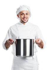 positive chef with pan pot isolated