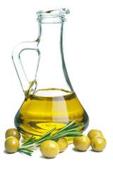 olive oil in bottle and olives isolated