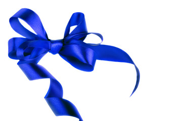 Blue satin gift bow. Ribbon. Isolated on white