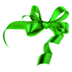 Green satin gift bow. Ribbon. Isolated on white
