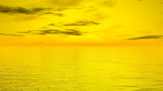 Big yellow sun going down over ocean - 3D render