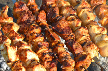 shish kebab on skewers and hot coals