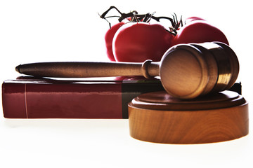 Food law image with gavel, book and food.