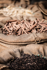 Spices and herbs in bags at market in India
